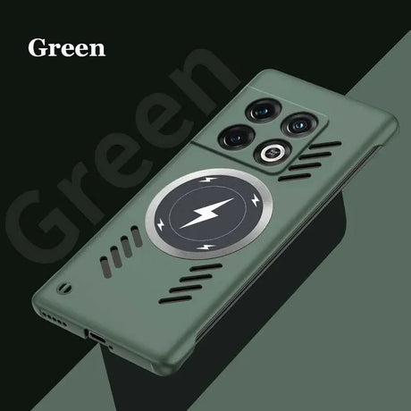 Green smartphone case with a circular wireless charging indicator and multiple camera cutouts.