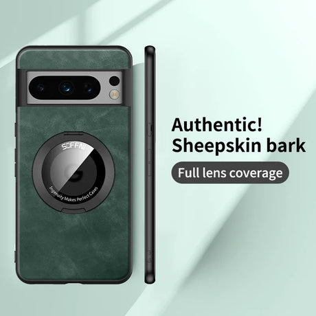 Green smartphone case with a circular camera cutout and lens coverage feature.