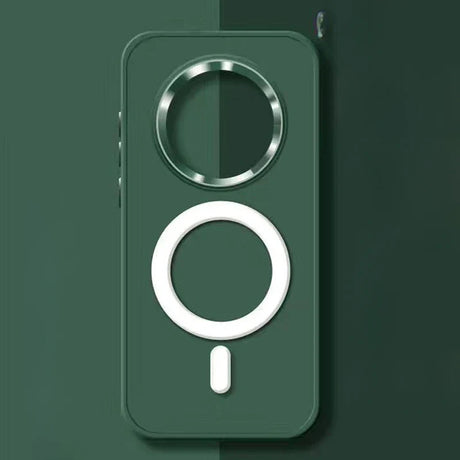 Green smartphone case with circular magnetic charging attachment.