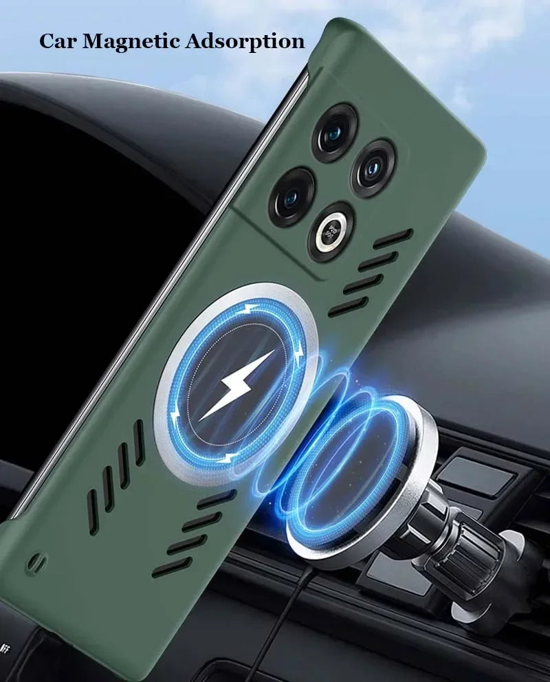 Green smartphone case with magnetic wireless charging capability and multiple camera lenses.