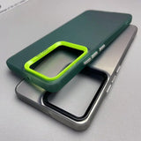 Green smartphone case with a neon yellow camera cutout.