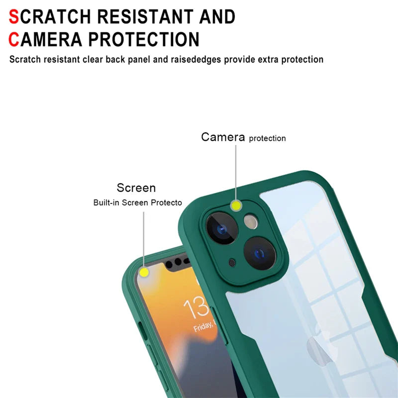 Green smartphone case with transparent back and camera protection features.