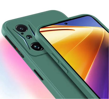 Green smartphone with multiple camera lenses and a colorful display screen.