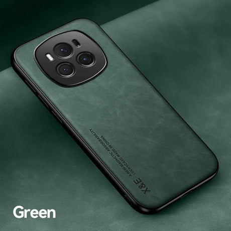 Green smartphone with a prominent triple-camera setup in a square module.