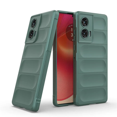 Green smartphone with protective case.
