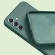 Green smartphone with a triple camera setup and matching protective case.