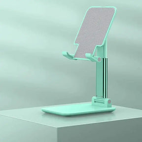 A green stand with a phone on it