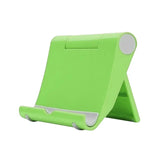 a green tablet stand with a white button