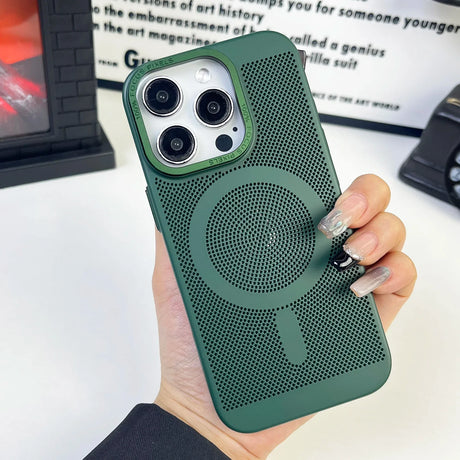 Green textured phone case with a circular pattern and multiple camera lenses.