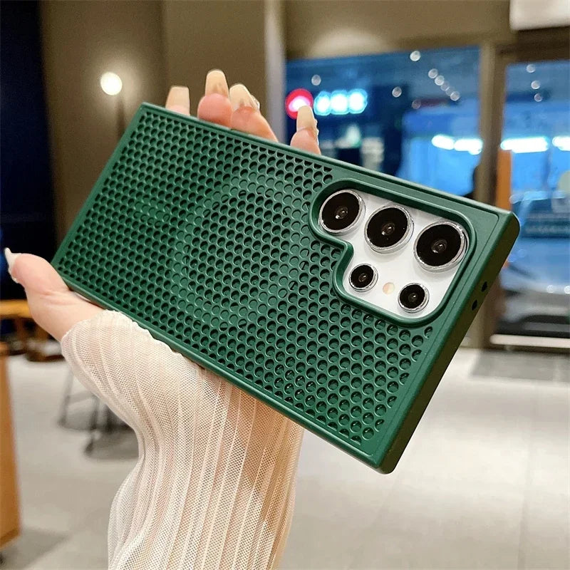 Green textured phone case with multiple camera cutouts.