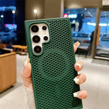 Green textured phone case with a cutout for multiple camera lenses.