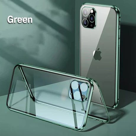 Green-tinted transparent protective case for an iPhone, showcasing the phone’s camera module.