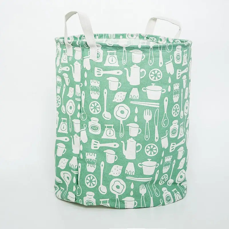 a green and white bag with a pattern of kitchen items