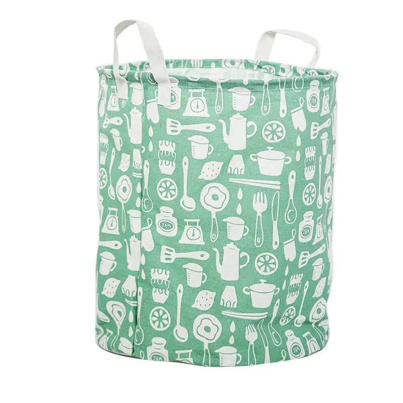 a green and white laundry bag with a pattern of kitchen uts