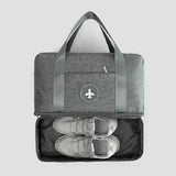 the grey backpack with shoes inside