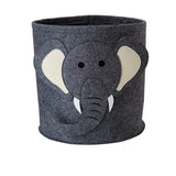 a close up of a grey elephant shaped bin with a white face
