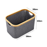 the gray fabric storage basket with wooden handles