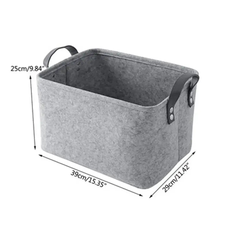 the grey felt storage basket is shown with measurements
