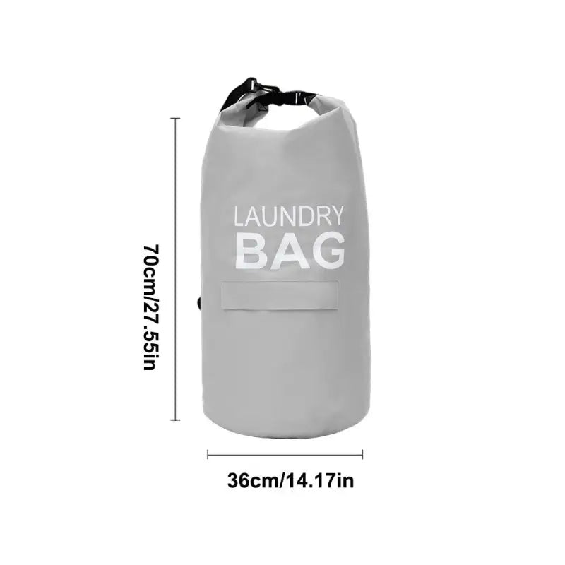 a white laundry bag with a black handle and a black handle