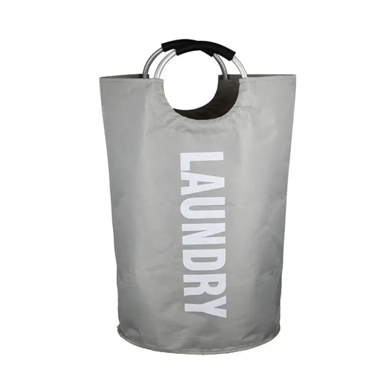 a grey laundry bag with the word laundry on it
