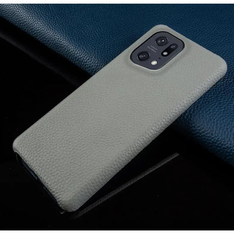 the back of a gray leather case