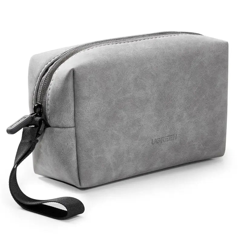 the grey leather cosmetic bag