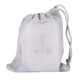 a grey mesh bag with a draws