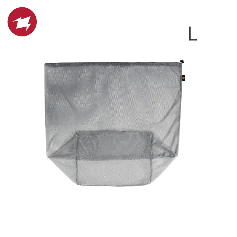 a grey mesh bag with a zipper closure