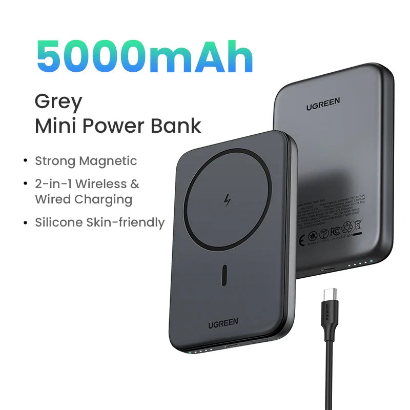 Grey mini power bank with magnetic wireless charging capability and 5000mAh capacity.