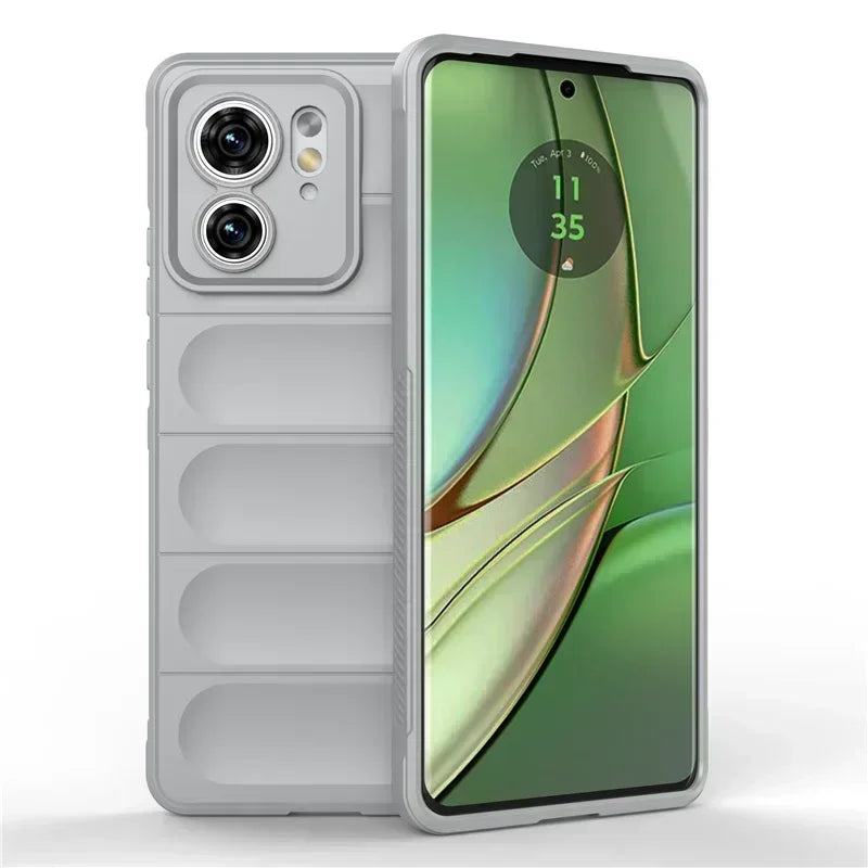 A grey smartphone with a camera module on the back and a display showing the time.