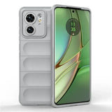 A grey smartphone with a camera module on the back and a display showing the time.