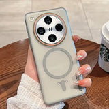 Grey smartphone case with a large circular camera cutout, a magnetic ring, and a kickstand.