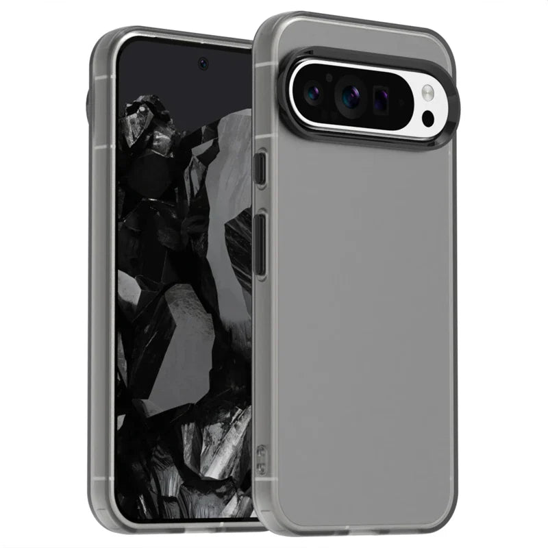 A grey smartphone with a transparent protective case.