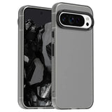 A grey smartphone with a transparent protective case.