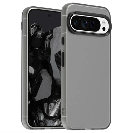 A grey smartphone with a transparent protective case.