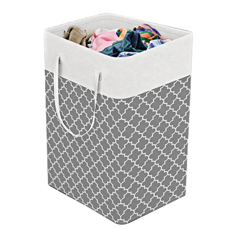 the laundry bag is a grey and white pattern