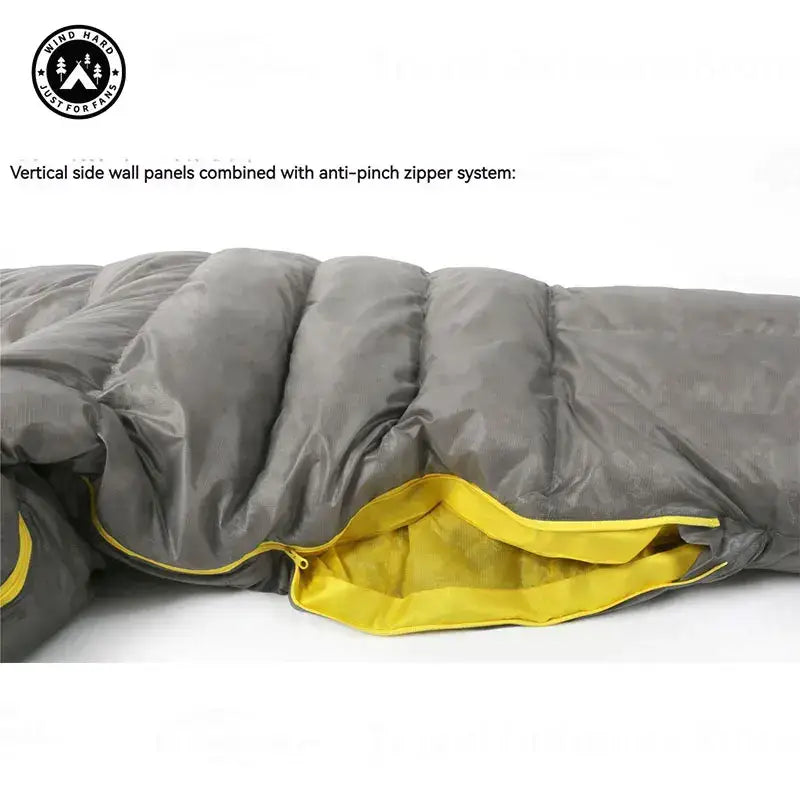 a grey and yellow sleeping bag with a yellow zipper