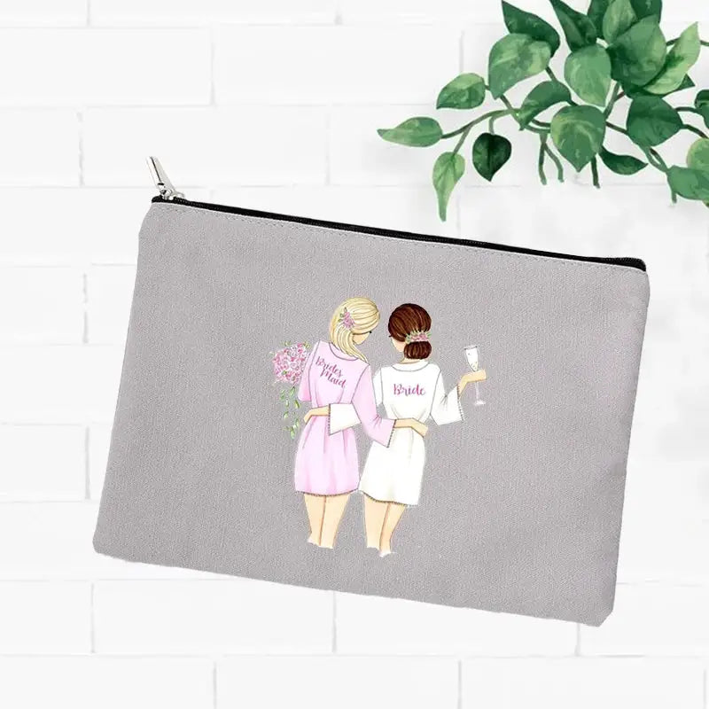 a grey zipper bag with a drawing of a woman in a pink dress holding a flower