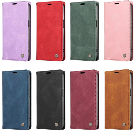A grid of eight flip-style phone cases in various colors, each featuring a textured finish and a small metallic button detail.