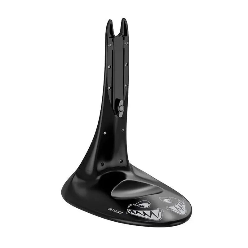 a close up of a black computer mouse on a stand