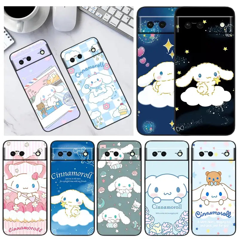 A group of four cell phones with a cute bunny and clouds design