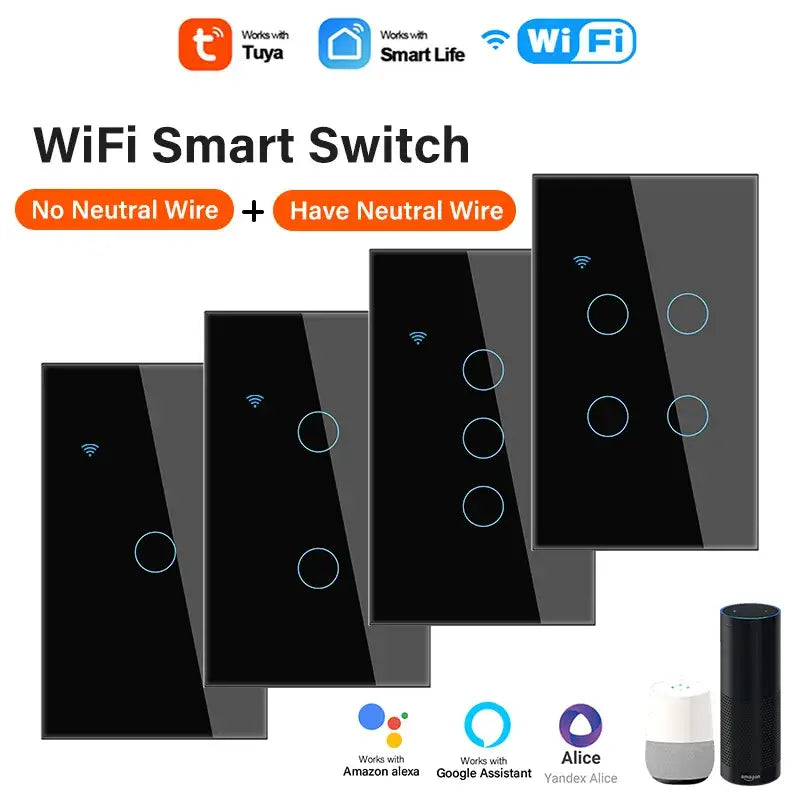 A group of four smart switches with a remote control