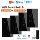 a group of four smart switches with a remote control