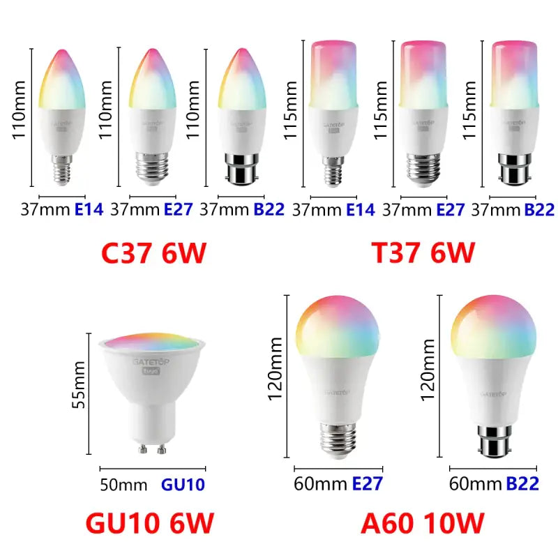 A group of four different types of led bulbs with different colors