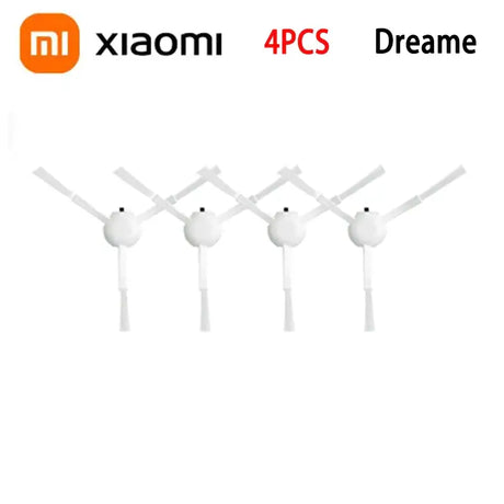 A group of four white headphones with a logo on them