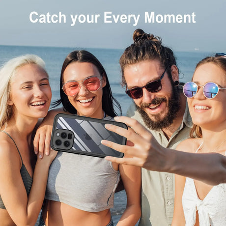 Group of friends taking a selfie at the beach.