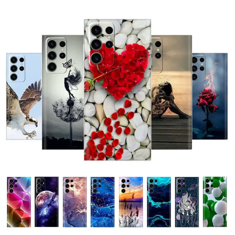 a group of different pictures of a bird and flowers on a phone case