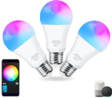 a group of three light bulbs with a remote control