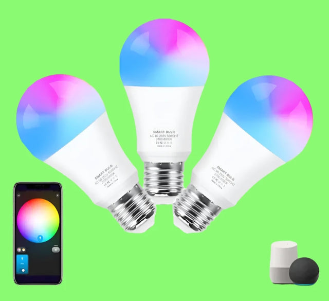 a group of three light bulbs with a remote control