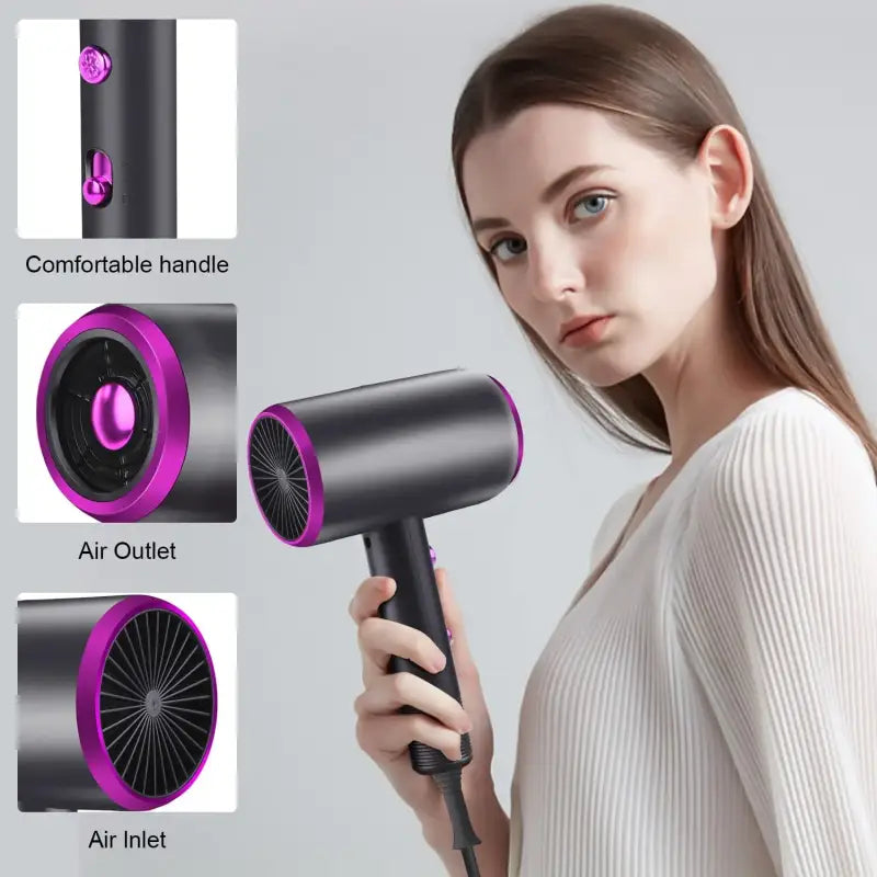 a woman holding a hair dryer with different hair types